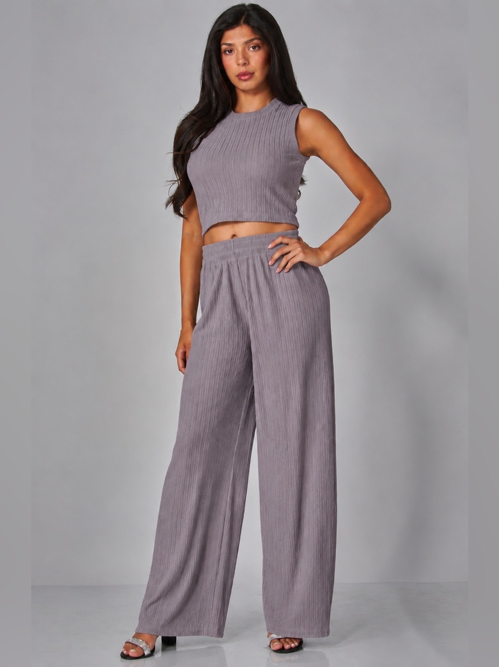 Wide-Leg Ribbed Crop Tank & Pants Set - Gray